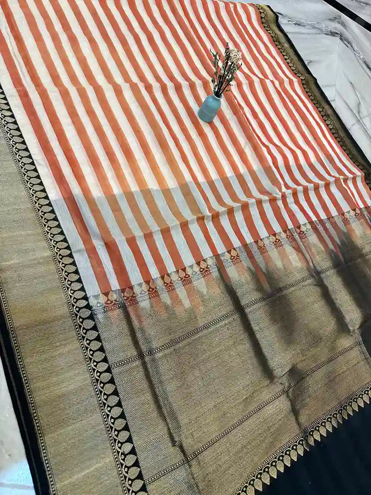 Exclusive pure handloom cotton stripe Banarasi silk saree