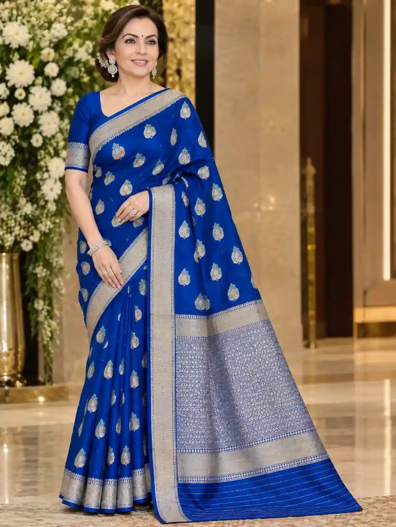 Luxurious Neeta Ambani pure handmade katan peacock design weaving traditional Banarasi silk saree