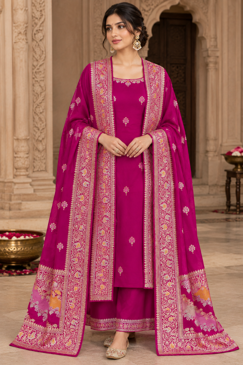 Luxurious pure handmade khaduwa katan boota with rangkaat border Banarasi silk dupatta