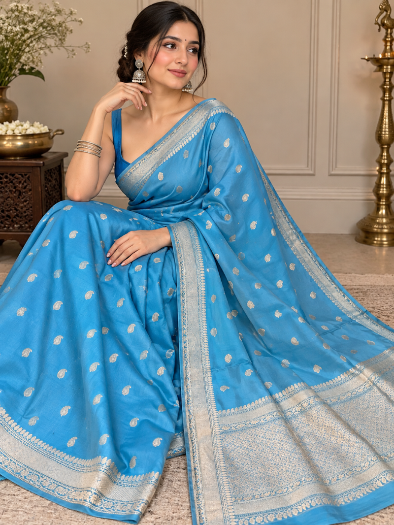 Luxurious pure handmade khaduwa katan lock weaving  traditional border Banarasi silk saree