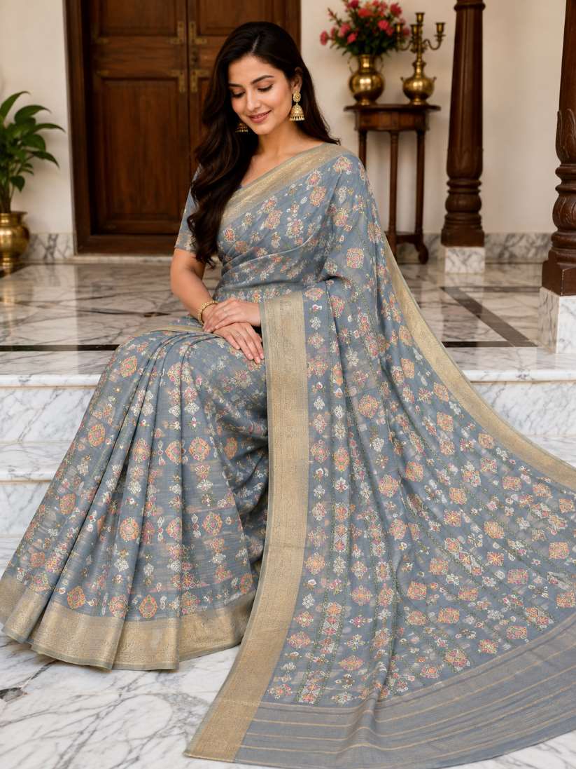 Exclusive Semi Kota Tissue Meena Embroidery Banarasi Silk Saree