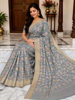 Exclusive Semi Kota Tissue Meena Embroidery Banarasi Silk Saree