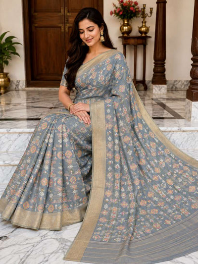 Exclusive Semi Kota Tissue Meena Embroidery Banarasi Silk Saree