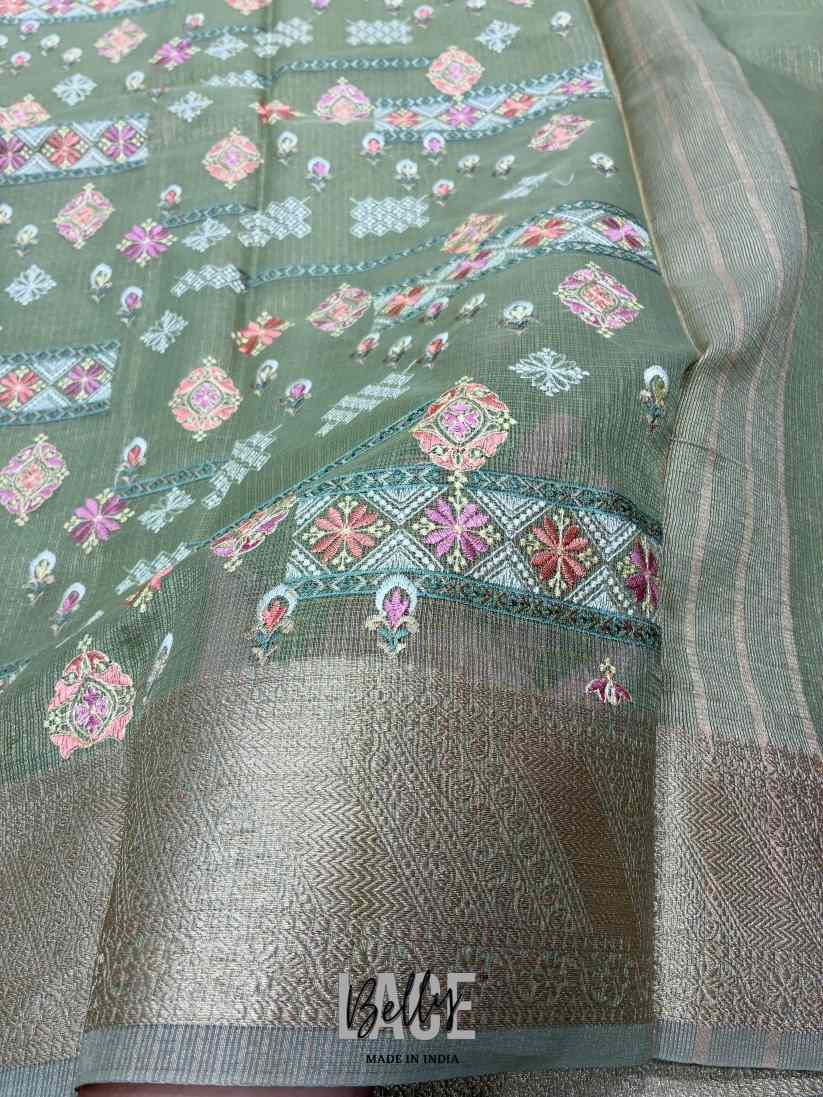 Exclusive Semi Kota Tissue Meena Embroidery Banarasi Silk Saree