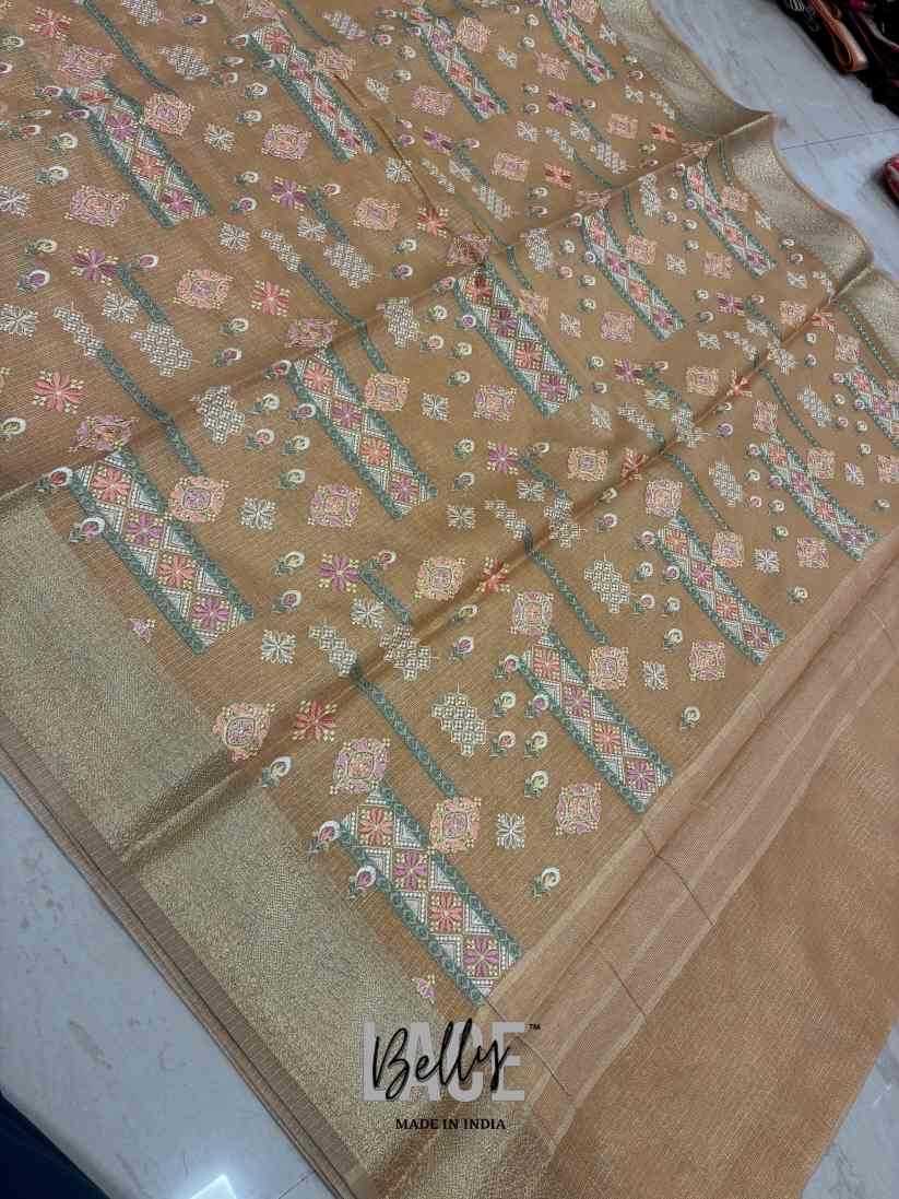 Exclusive Semi Kota Tissue Meena Embroidery Banarasi Silk Saree
